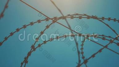 围栏监狱封闭区严格政权剪影铁丝网。 来自难民的非法移民围栏。 非法违法行为